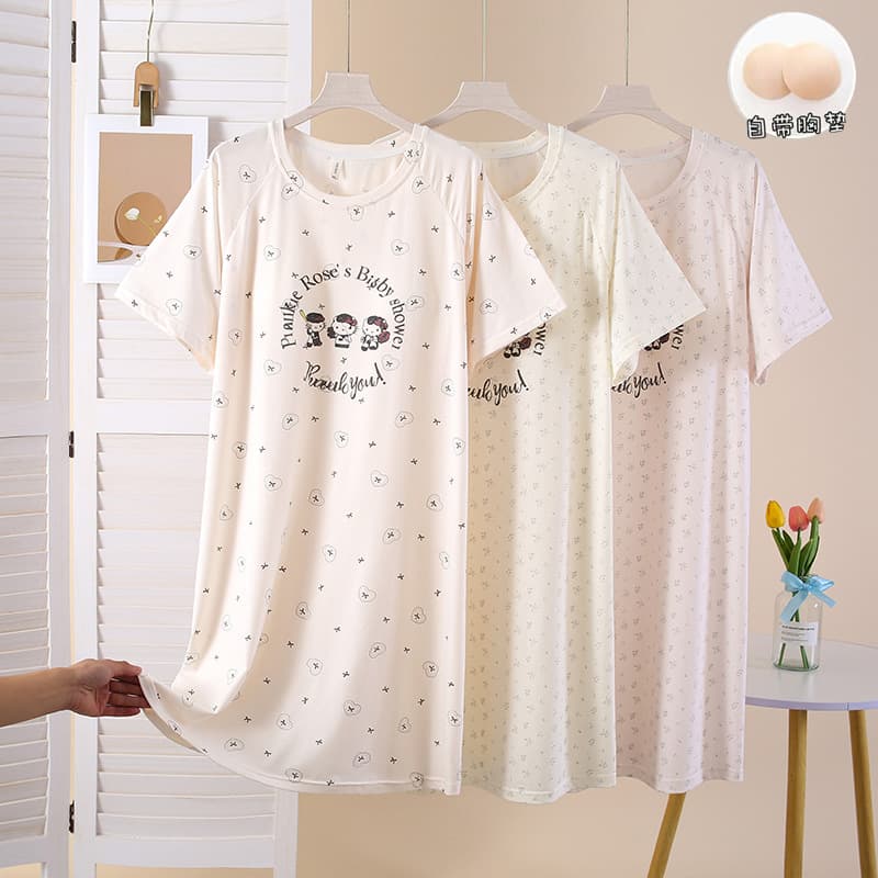 New style comfortable nightgown women's lyocell with fixed chest pad short-sleeved pajamas women's home loose plus size home wear