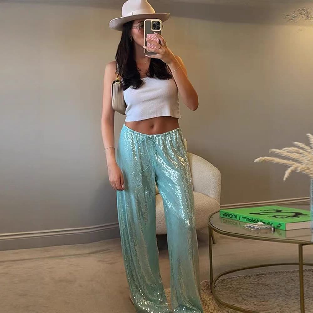 2025 New European and American Cross-Border Fashion Casual Pants for Women, Loose Sequin Slim Fit Long Pants on Amazon