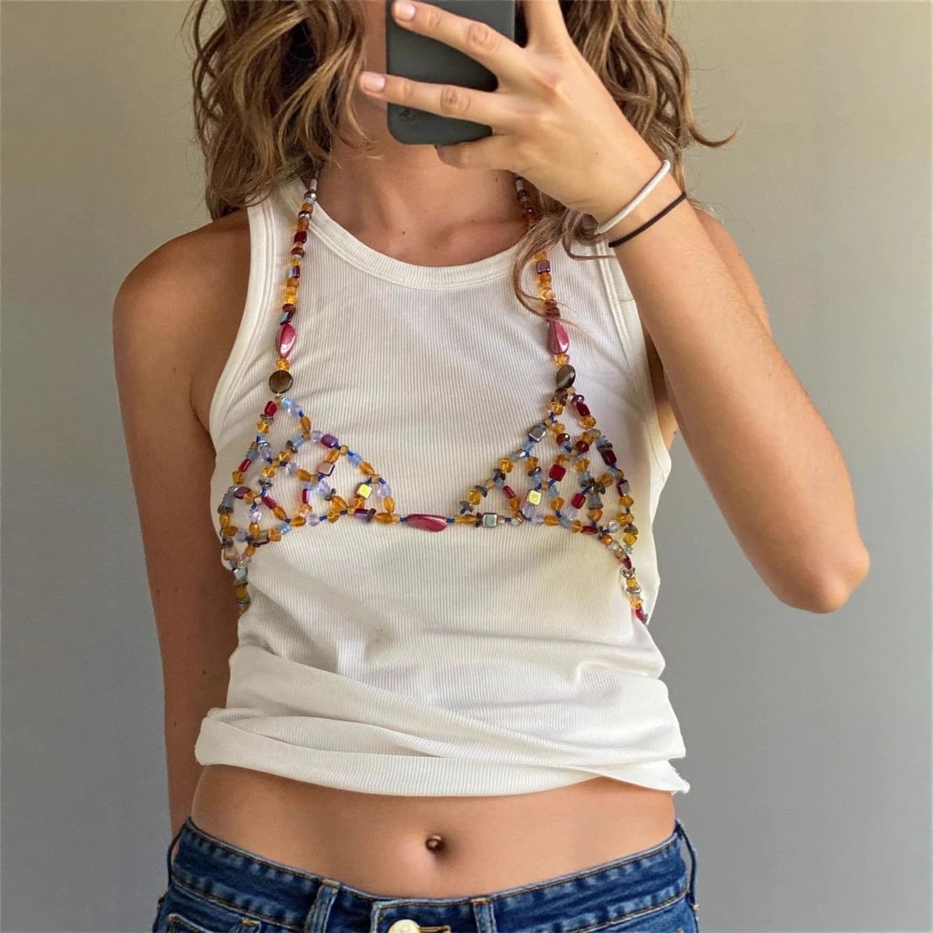 European and American cross-border new colorful gemstone bead chest chain body chain corset holiday outfit handmade chain vest