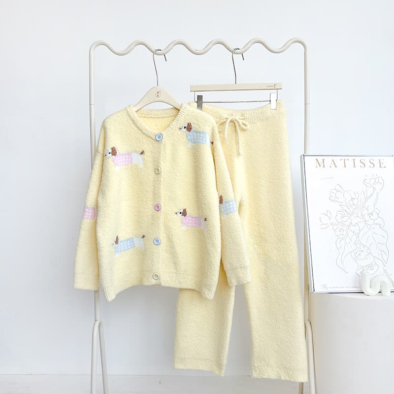 Women's Cute Cartoon Soft Sleepwear, Autumn/Winter Thickened Fleece-Lined Warm Dachshund Dog Homewear