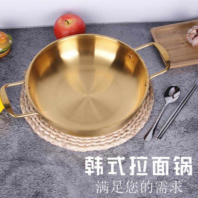 Stainless Steel Seafood Dry Pot with Double Handles, Commercial Restaurant Cooking, Ramen Hot Pot, Flat Bottom Soup Pot, Special for Korean Cuisine