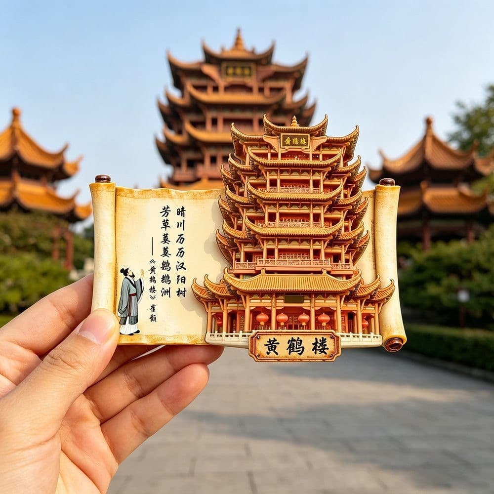 Four Great Towers Yellow Crane Tower Resin Relief Magnetic Fridge Magnet Hubei Wuhan Cultural Creative Tourism Souvenir Factory Wholesale