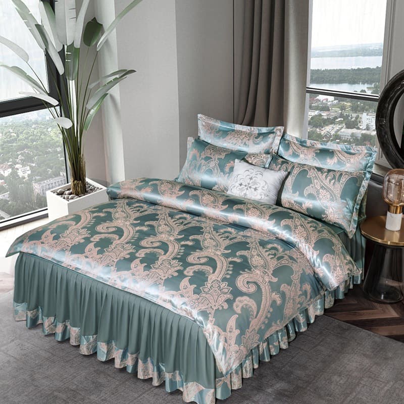 European satin jacquard four-piece bed skirt bed cover and quilt cover 1.5m 1.8m 2m double bedding set