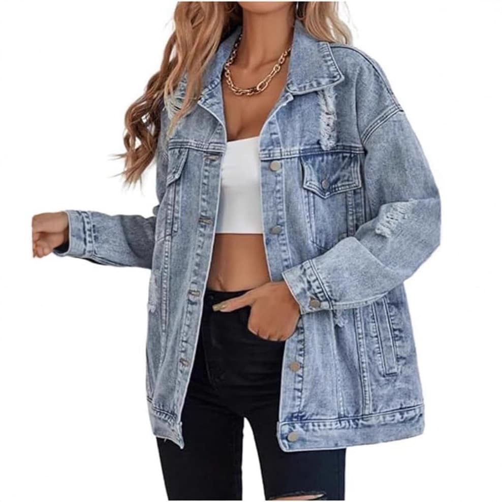 Cross-border TEMU Amazon Women's New Denim Jacket Boyfriend Ripped Denim Jacket Coat NK376