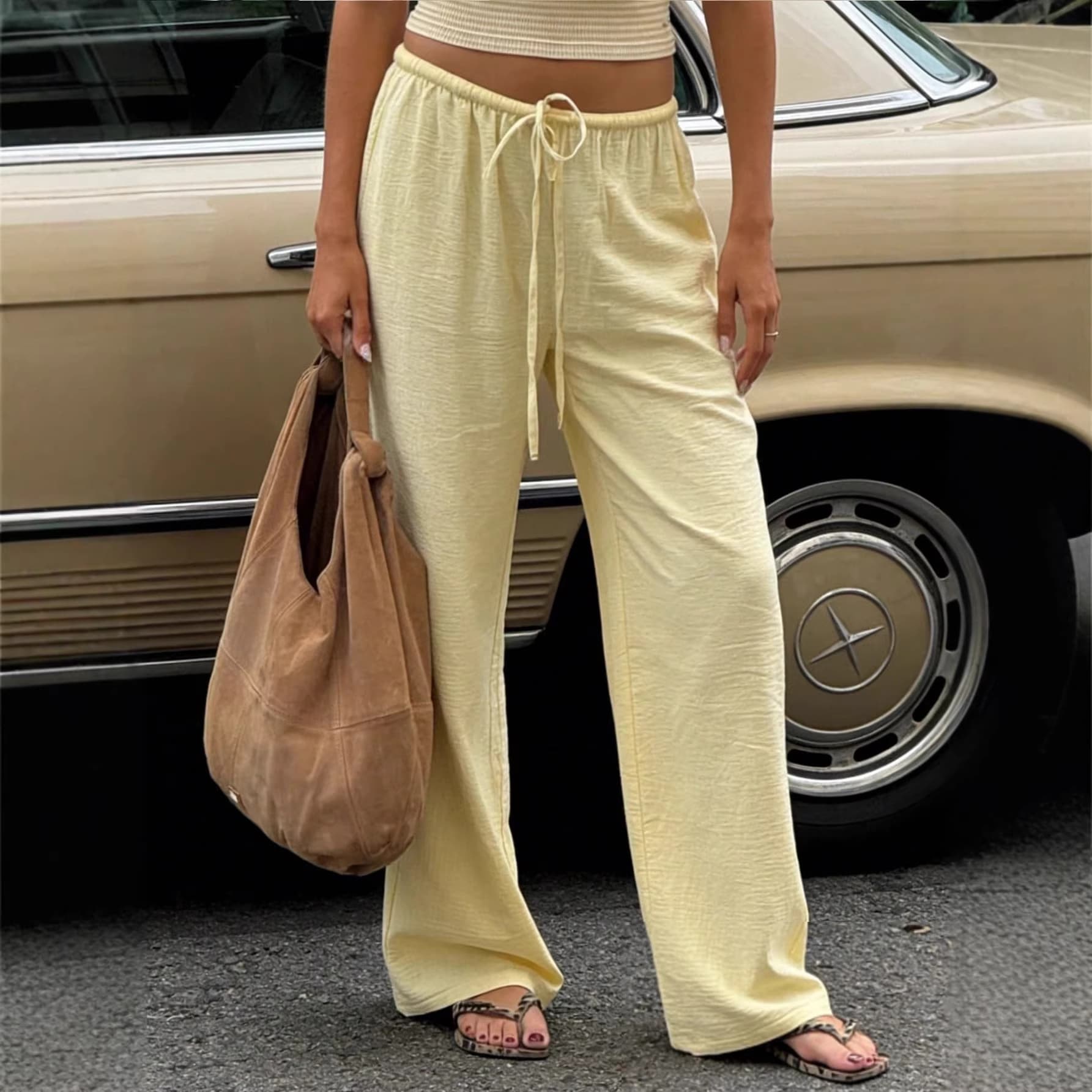 In Stock EU/US Cross-Border 2026 Summer Wide-Leg Pants Elastic Waist Drawstring Pockets Loose Lightweight Women's Long Pants