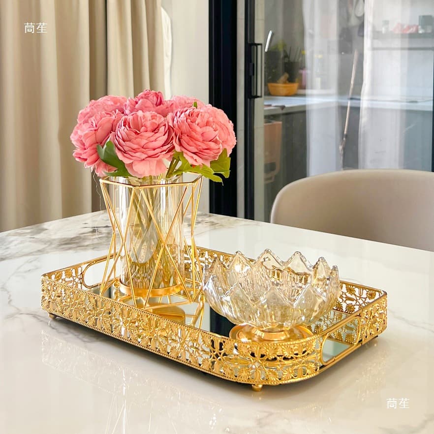 European-style light luxury metal glass vase floral arrangement, Nordic style living room dining table dried flower vase wine cabinet decoration ornament