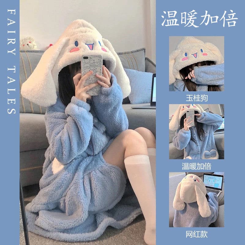 Cartoon Pajamas Women's Autumn/Winter Coral Fleece Robe Couples Thick Student Long Fleece-Lined Bathrobe Outerwear Nightgown