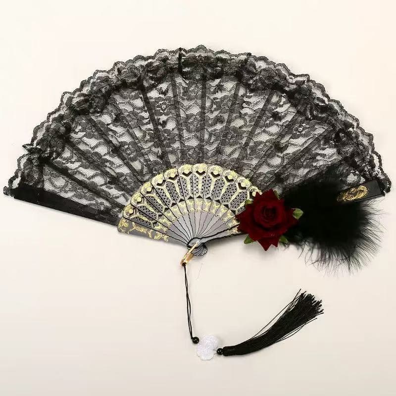 Vintage Palace Style Lace Fan, Ornate Retro European Rose Folding Fan, Tea Party Edition, Dark Cosplay Photo Prop