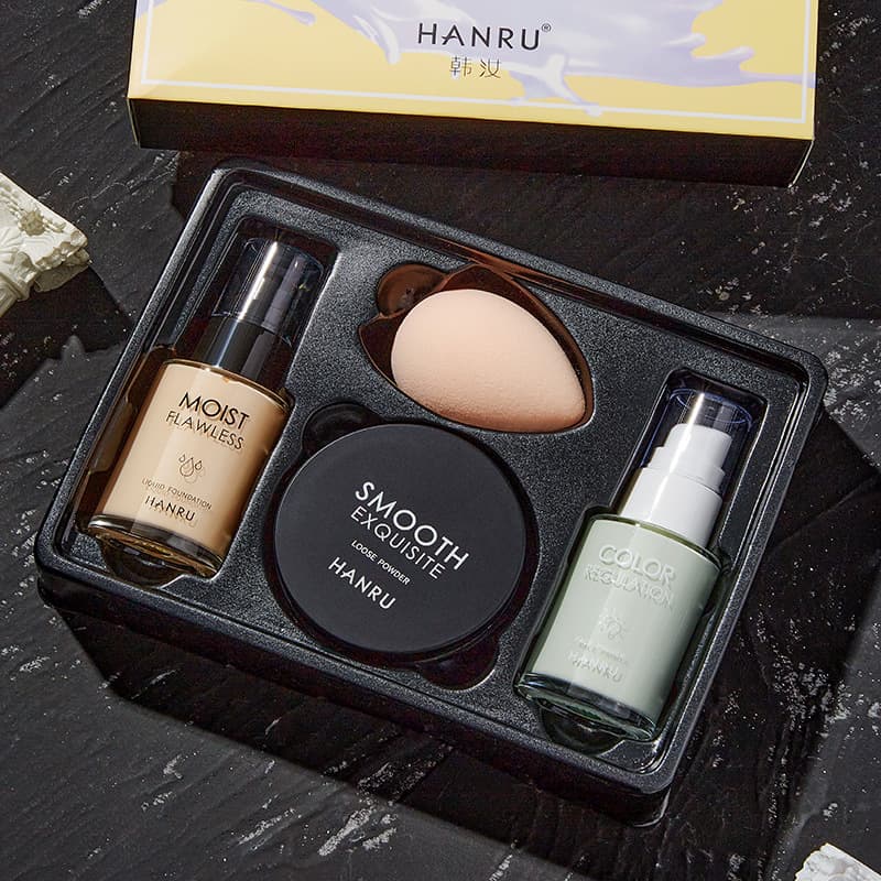 Han Ru Ruchu Beautiful Skin Base Makeup 4-Piece Set with Primer, Makeup Base, Triple-Action Setting Powder, Cross-Border Cosmetics