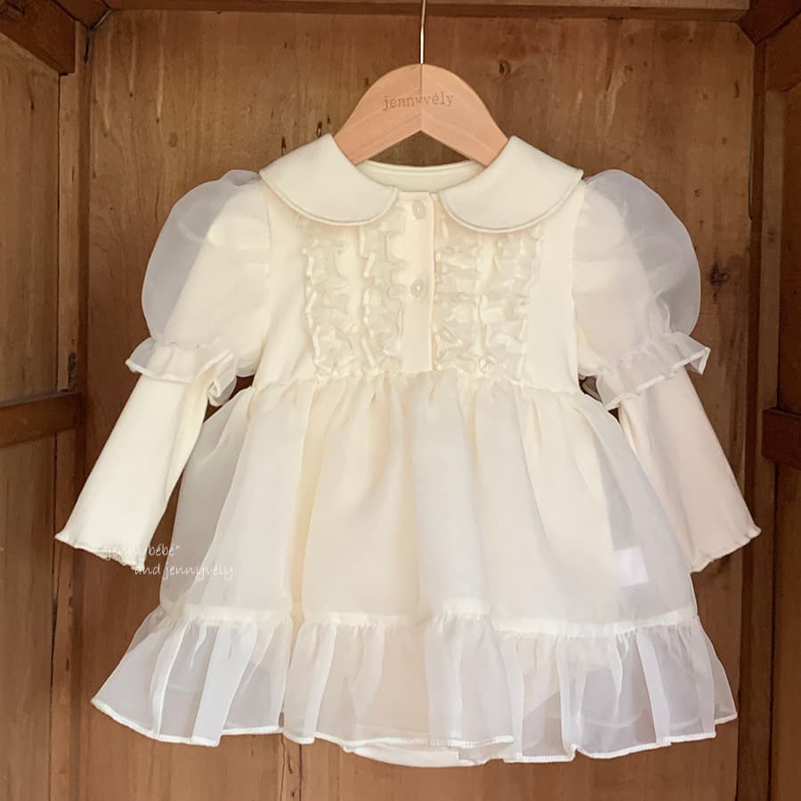Jennybebe Baby Girl Princess Dress with Tulle Puff Sleeves, Cute Doll Collar, Long-Sleeve Romper Crawler
