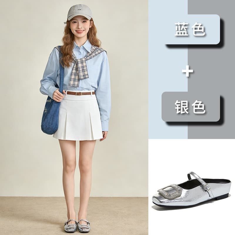 Single shoes for women spring square buckle French slip-on single shoes rhinestone 2026 sub-baotou half slippers women's outer wear square toe