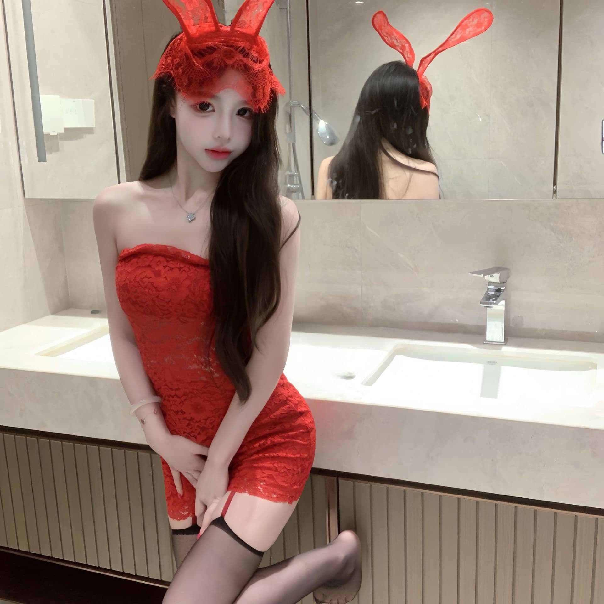 Sexy Lingerie Bunny Girl Bodycon Skirt Red Strapless Pure Desire Dress Nightwear