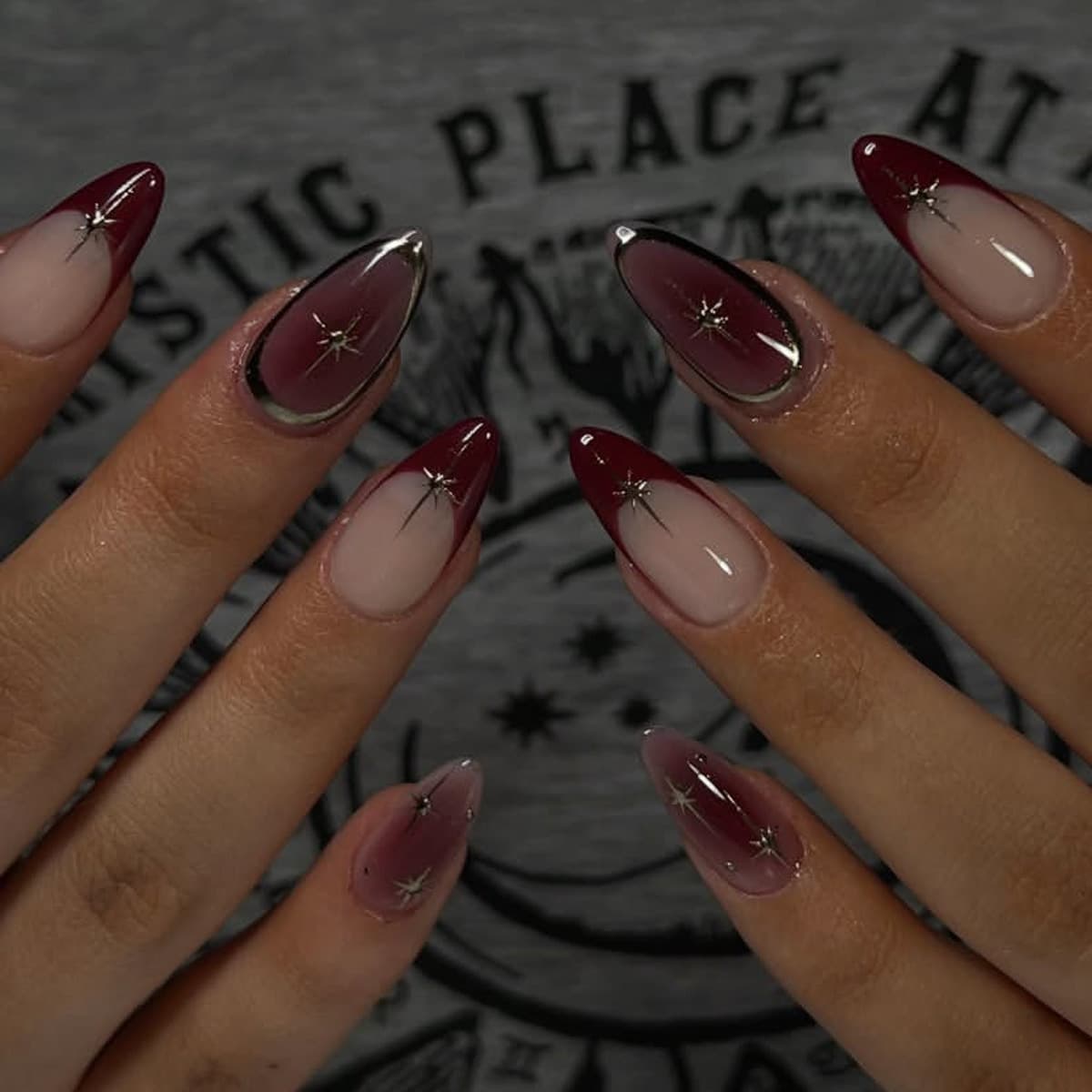 Cross-border Wearable Nails Brownish Red Ombre French Manicure Long Almond False Nails Silver Star Nail Tips Wholesale