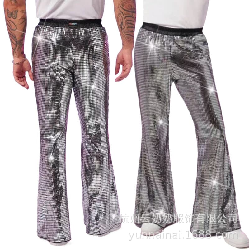Cross-border hot selling spring and autumn European and American retro hip-hop trendy bell-bottom pants nightclub sparkling stage performance sequined plaid pants