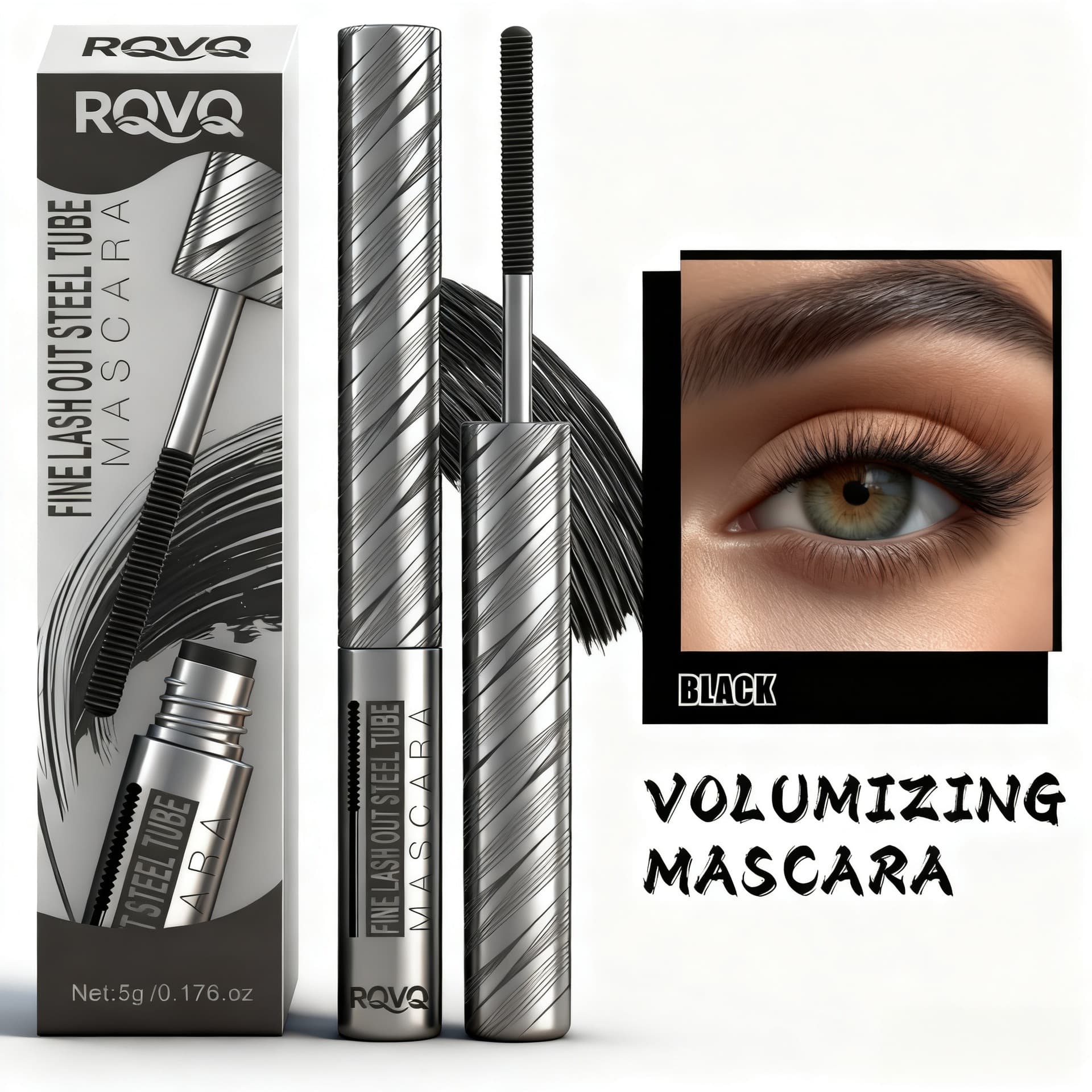 Cross-border Exclusive RQVQ Steel Tube Mascara, Fine Comb Brush Head, Lengthening, Curling, Volumizing, Waterproof, Smudge-Proof Mascara
