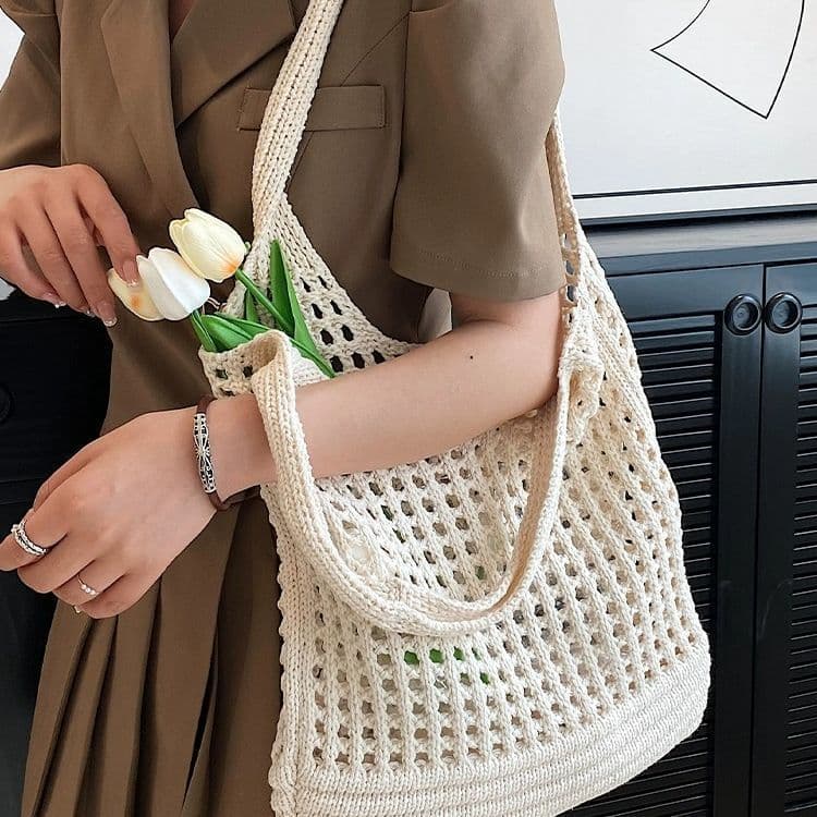 Cotton Thread Hollow Handwoven Bag Large Capacity Shoulder Bag Tote Bag Women's Bag Dog Tooth Tote Bag