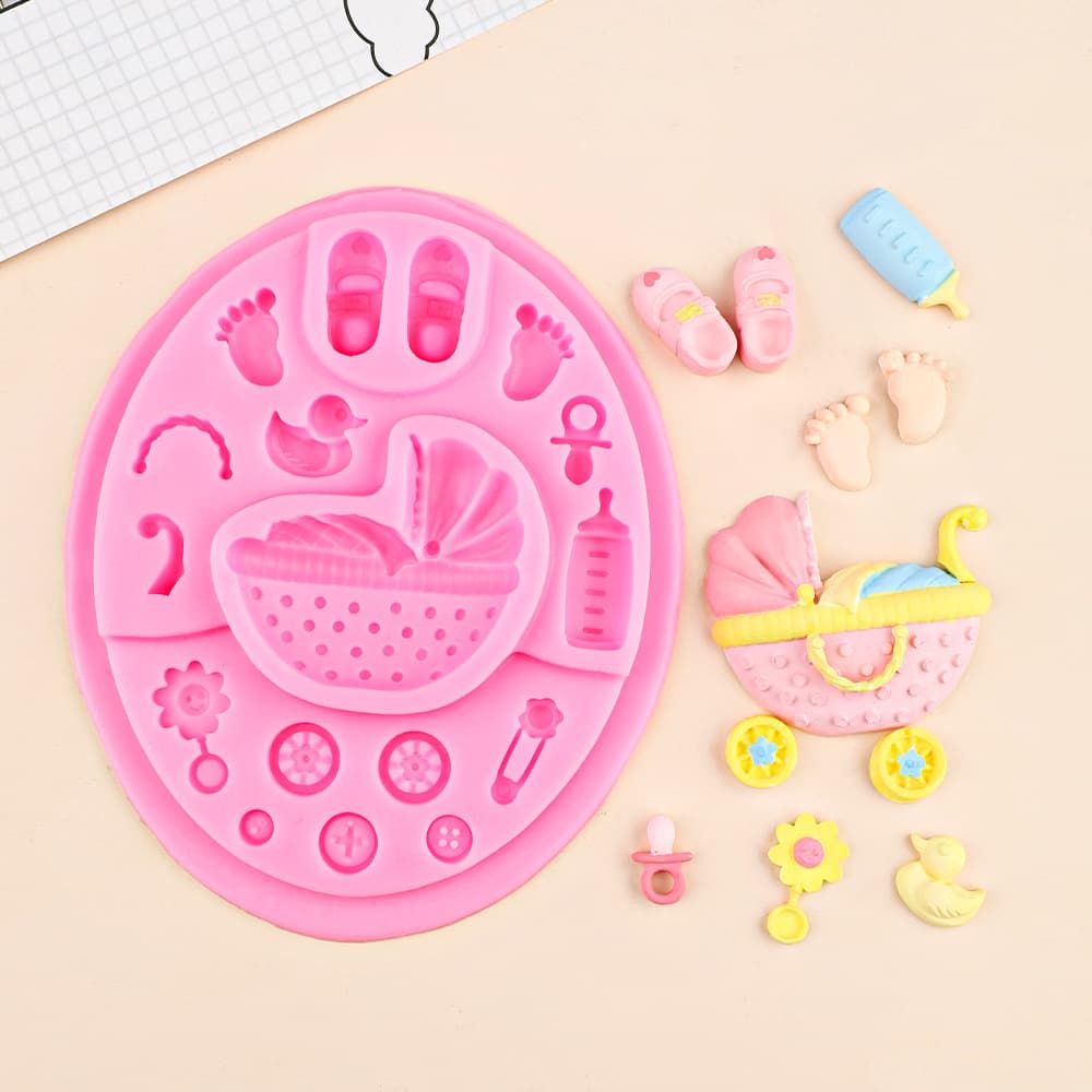 Baby Theme Stroller Footprint Fondant Chocolate Silicone Mold, Baby Bottle Drop Glue Duck Cake Mold Decoration Mold