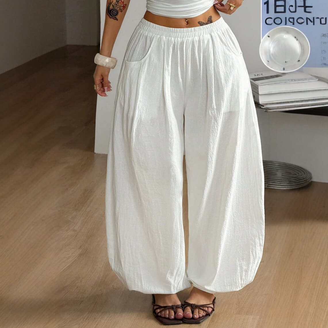 Women's Loose Wide-Leg Pants Summer High Waist Drape Casual Trousers Solid Color Lantern Pants Black and White