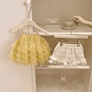 Girls' Summer 2026 New Sweet Set Cake Camisole Top Bubble Shorts Puffy Skirt Beach Vacation Style