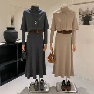 Lazy Style High Neck Cable Knit Cape Knit Long Skirt Set Women New Autumn Winter Layering Sweater Dress Two-Piece Set