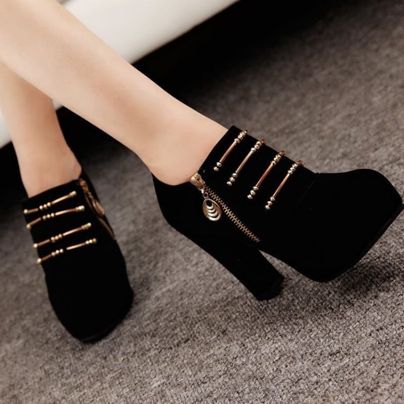 New autumn style black professional women's shoes with chunky heels, thick soles, waterproof platform, super high heels, side zipper, suede, and beaded details.