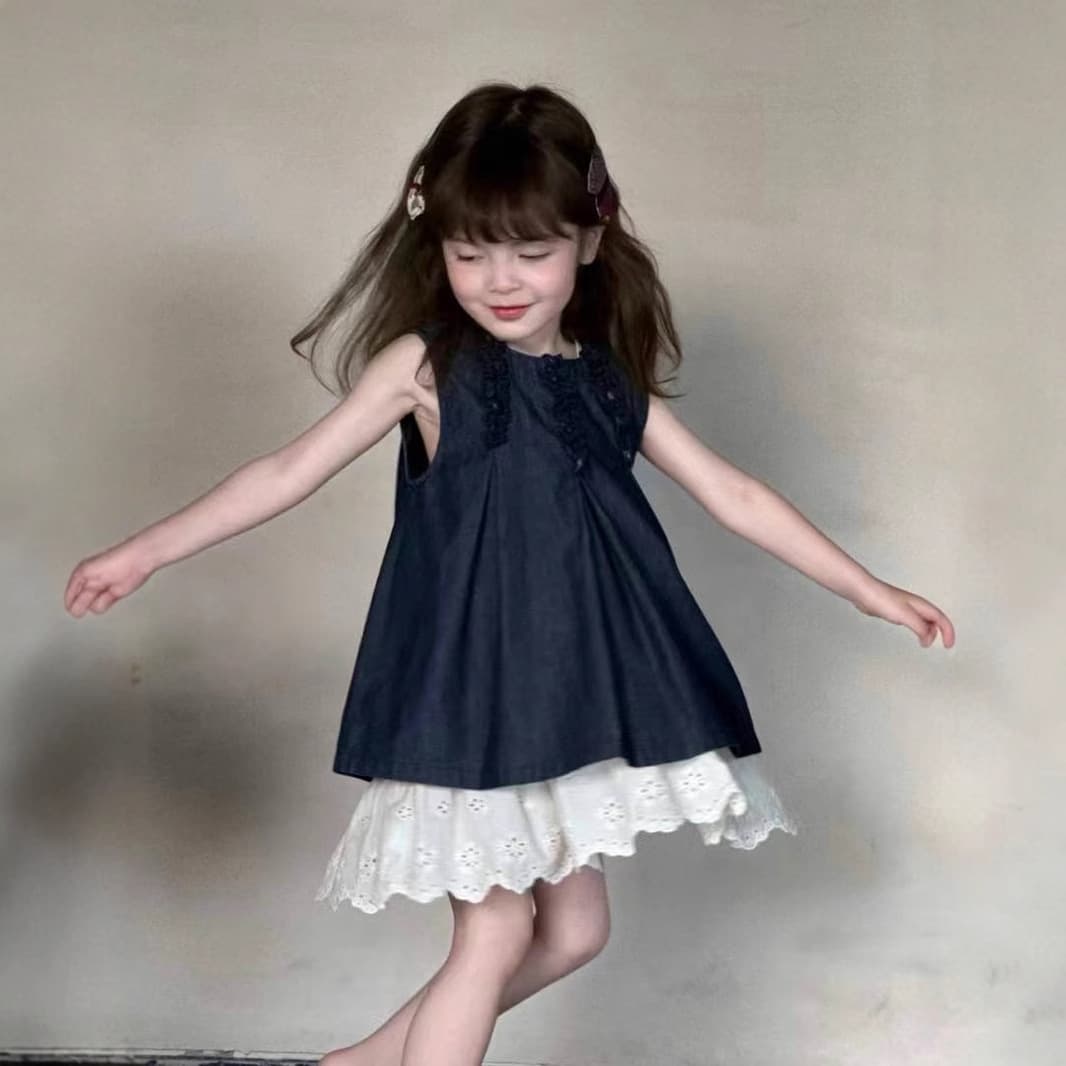 Girls 2025 Spring/Summer New Korean Style Denim Dress Set, Cotton Lining Inner Dress Two-Piece Set