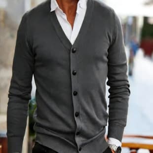 Men's Knit Cardigan Spring/Fall New Style, Casual Solid Color V-Neck Long Sleeve Sweater, Cross-border In Stock