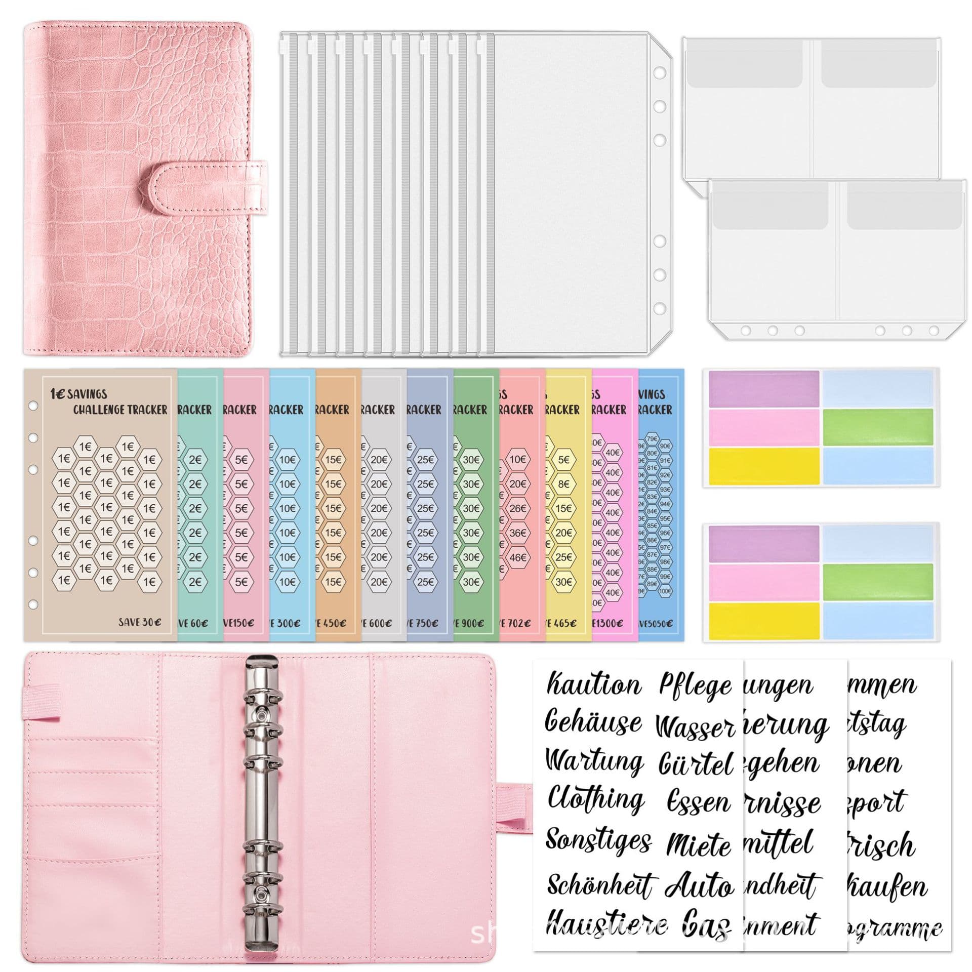 Cross-border hot sale A6 loose-leaf ledger PU leather crocodile pattern Euro money saving challenge cash envelope money saving punch book