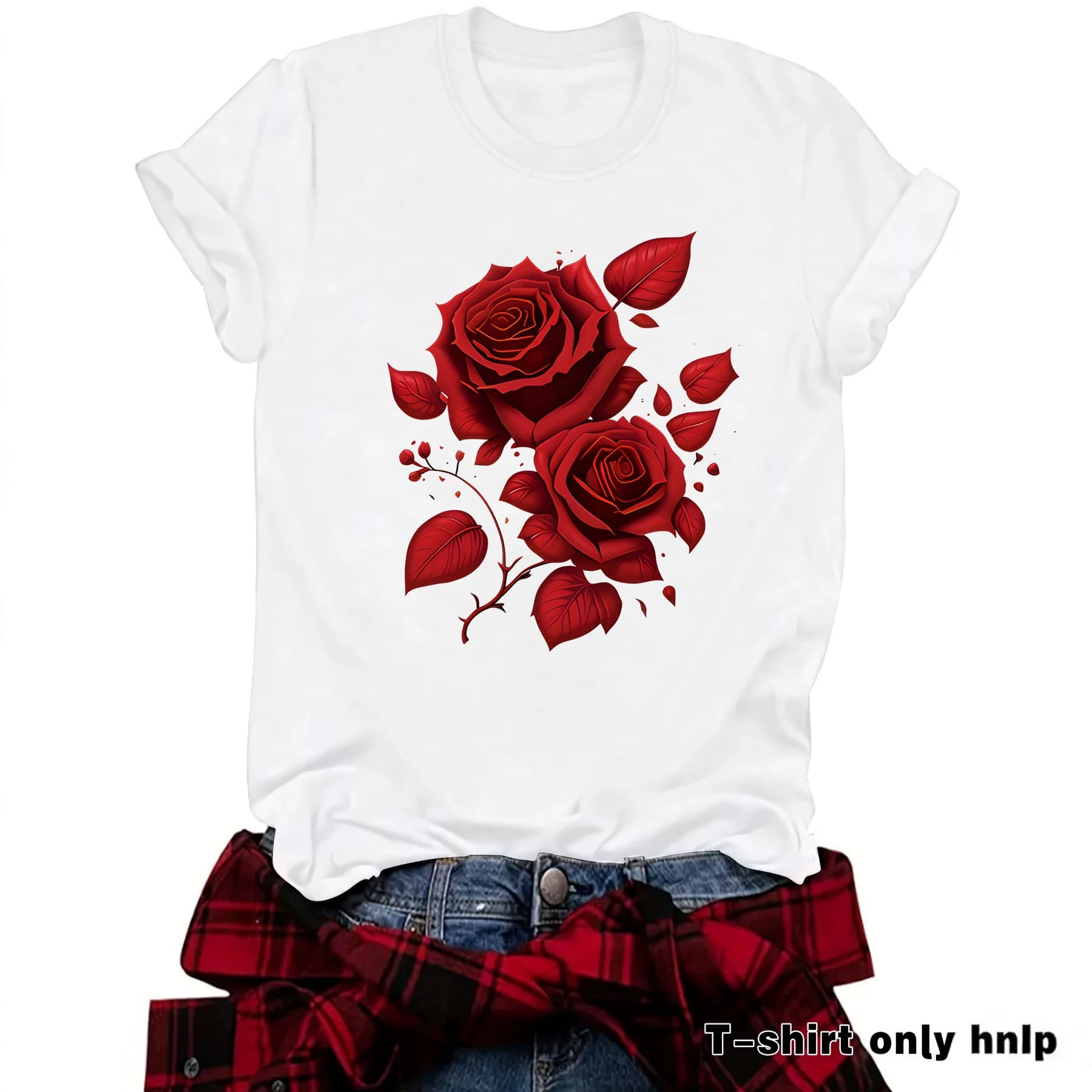 Women's Red Rose Print T-Shirt, Soft Stretch Round Neck Short Sleeve Top, Casual Loose Short Sleeve T-Shirt for Cross-Border and Foreign Trade