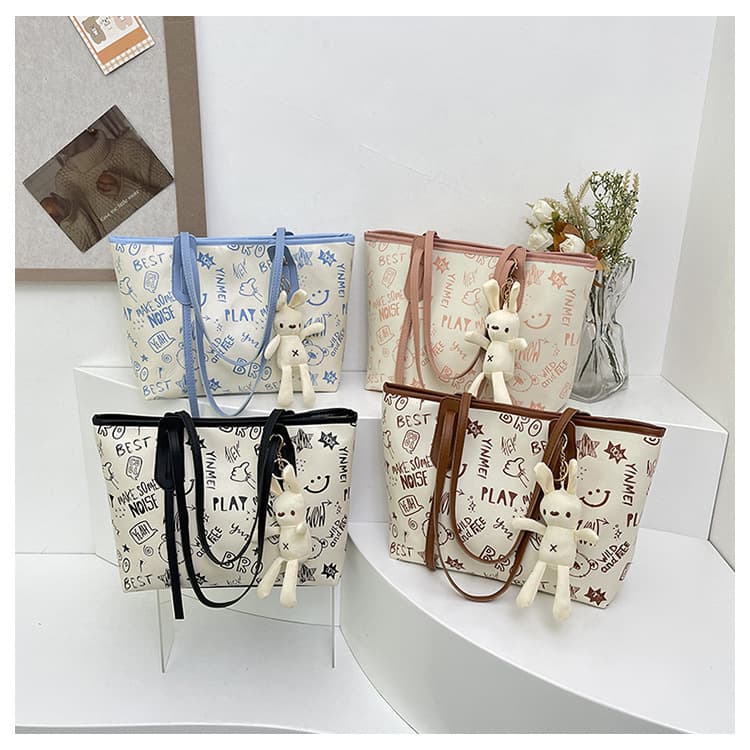 Large Bag Luggage for Women 2025 New Cute Cartoon PU Shoulder Bag Versatile Trendy Zipper Tote Bag Autumn Winter Women's Bag