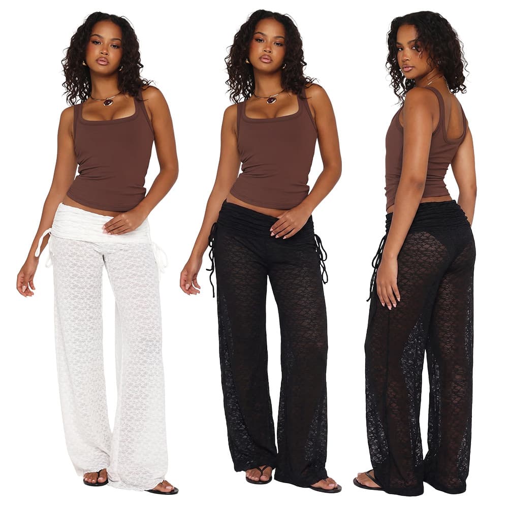 Weimeizi In Stock Western Sexy Sheer Lace Pants High Waist Drawstring Loose Vacation Pants with Underwear