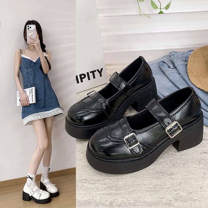 White French Mary Jane High Heels for Women 2026 New Spring Thick Sole Height Increasing for Dresses Leather Shoes