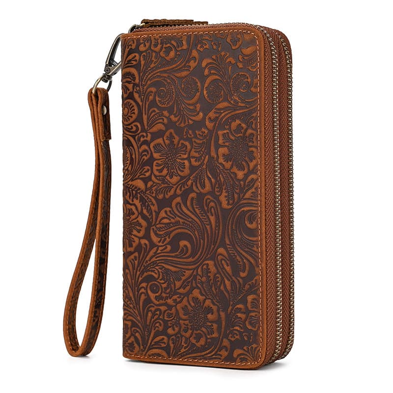 New Men's Long Wallet Vintage Crazy Horse Embossed Double Zipper Wallet Genuine Leather Handbag Cross-border Bestseller Phone Bag
