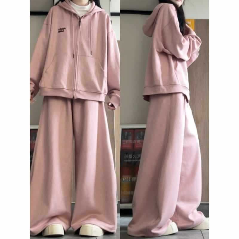 Japanese School Style Women's Sport Set - Loose, Slimming Hoodie with Wide-Leg Pants, Casual Two-Piece Outfit for Running