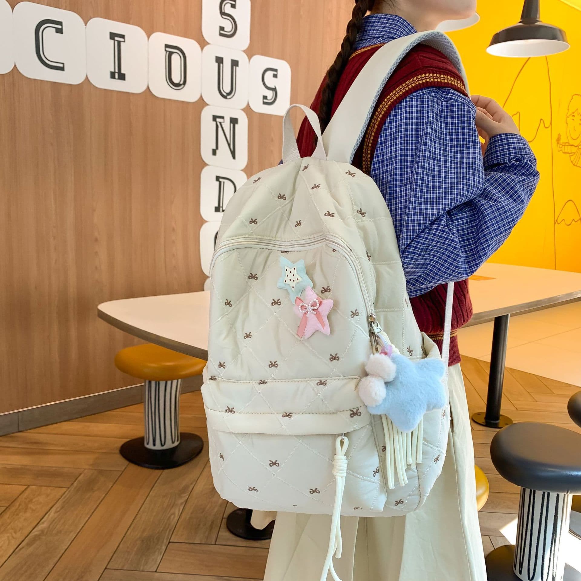 High-looking autumn and winter new cotton clothing backpack Korean style ins small fresh bow embroidery middle school student backpack