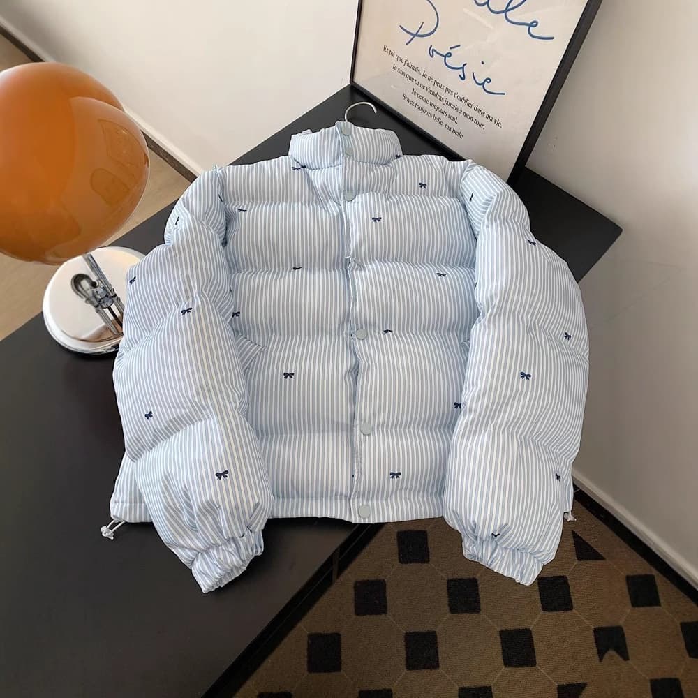 2025 Winter Striped Short Puffer Jacket for Women Petite Cotton Coat Designer Oversized Quilted Jacket Trendy