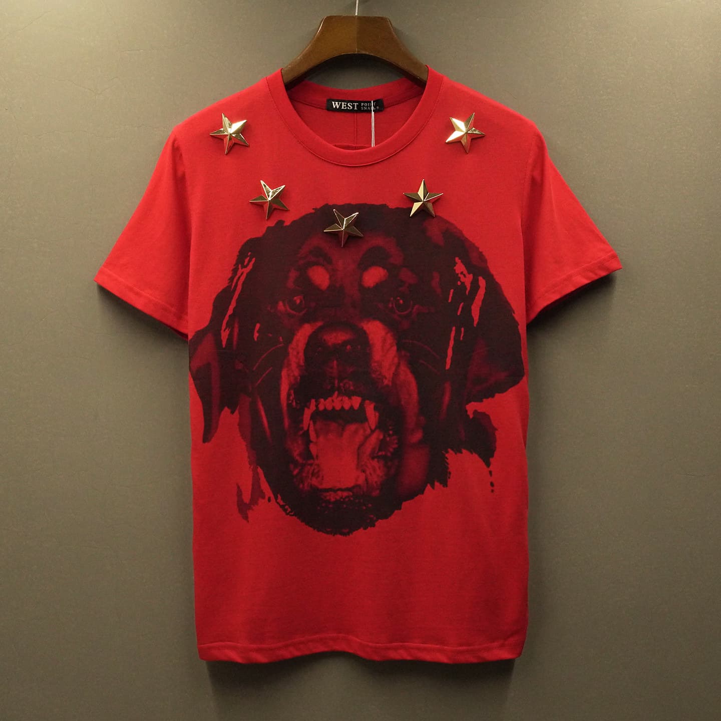 Cross-border European and American trendy brand metal five-pointed star 3D fierce dog print round neck short-sleeve T-shirt couple style men and women