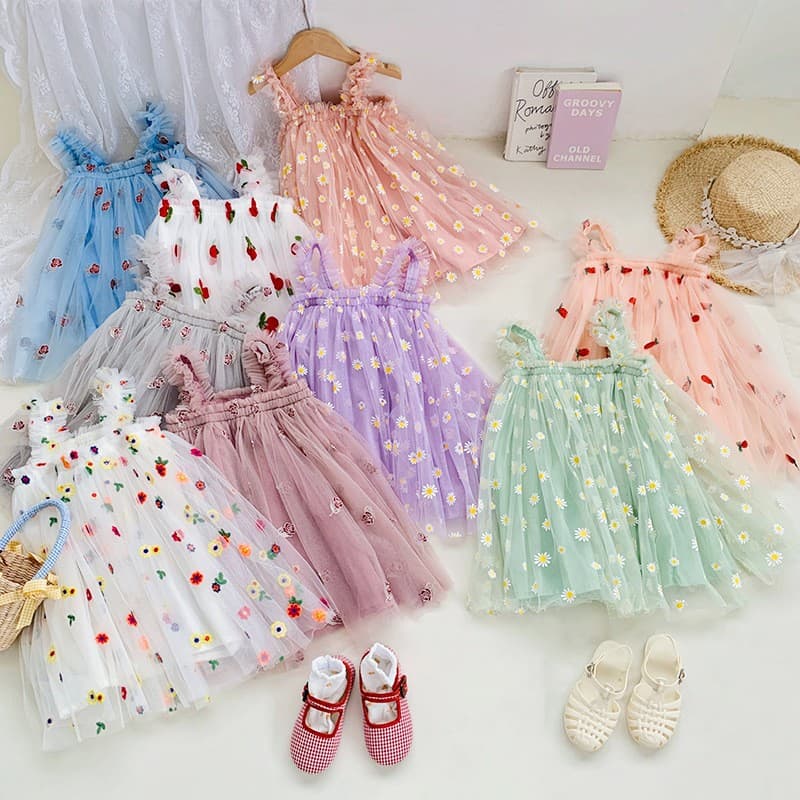 New Children's Embroidered Butterfly Strap Dress Sweet Princess Dress Tulle Puffy Dress Girl's Dress