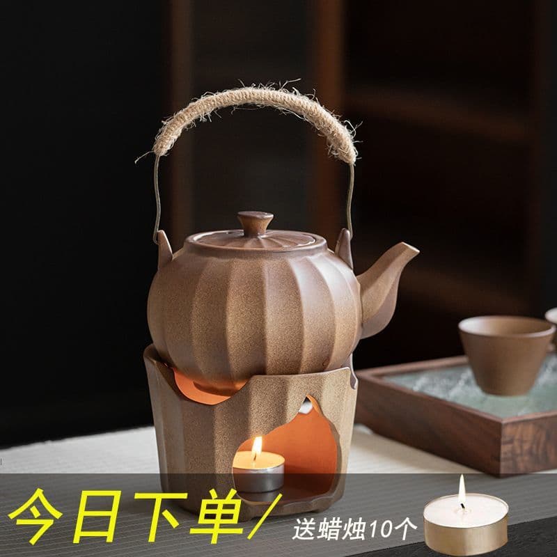 Tea Stove and Teapot for Warming Tea, Wood-Fired Lift-Handle Side Grip Pot, Handheld Rough Pottery Tea Set for Home Brewing, Single Pot for Tea Drinking