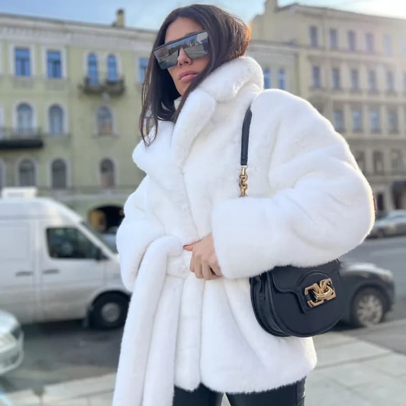 Thickened Faux Rabbit Fur Collar Coat Women's Elegant Style Coat with Belt European And American Style Warm Coat Long Sleeve