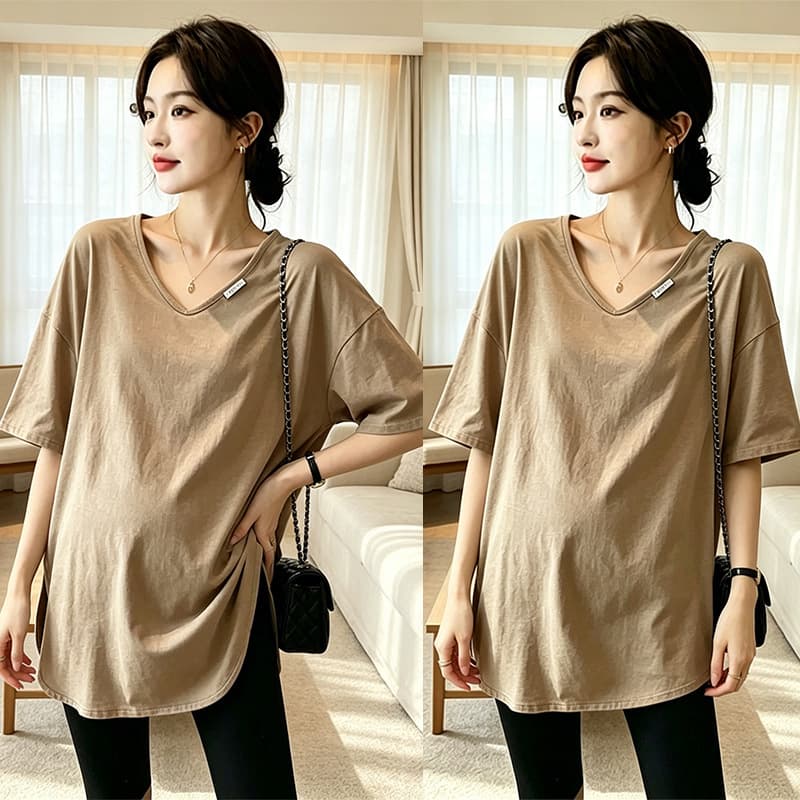 New Maternity V-Neck Solid Color Short Sleeve Loose T-Shirt for Pregnant Women, Plus Size, Conceals Belly, Not Bulging, Commuter Style T-Shirt