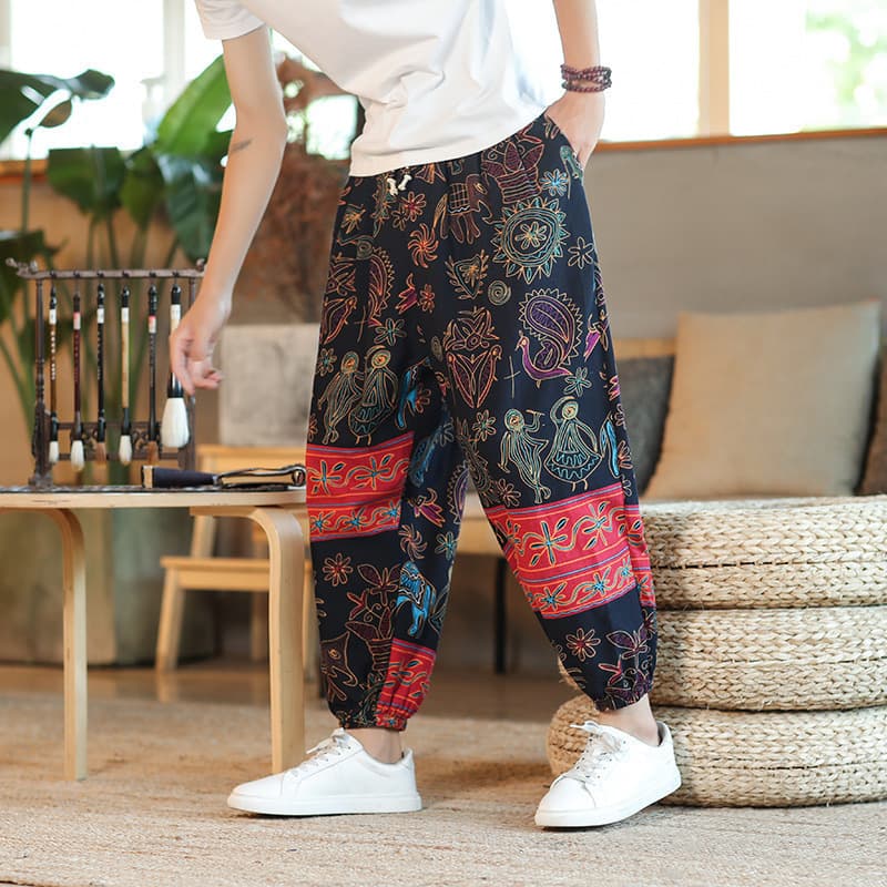 Chinese Style Collection Spring Summer Foreign Trade Cotton Linen Lantern Pants Trendy Plus Size Cropped Pants Floral Pants Loose Drop Crotch Pants Men
