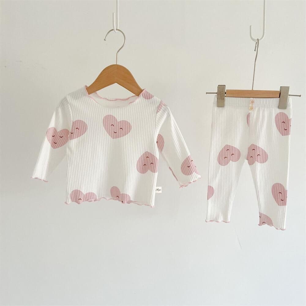 Spring/Autumn Korean-style Children's Pajama Set Heart Print Fashionable Two-Piece Homewear for Girls Long Sleeve