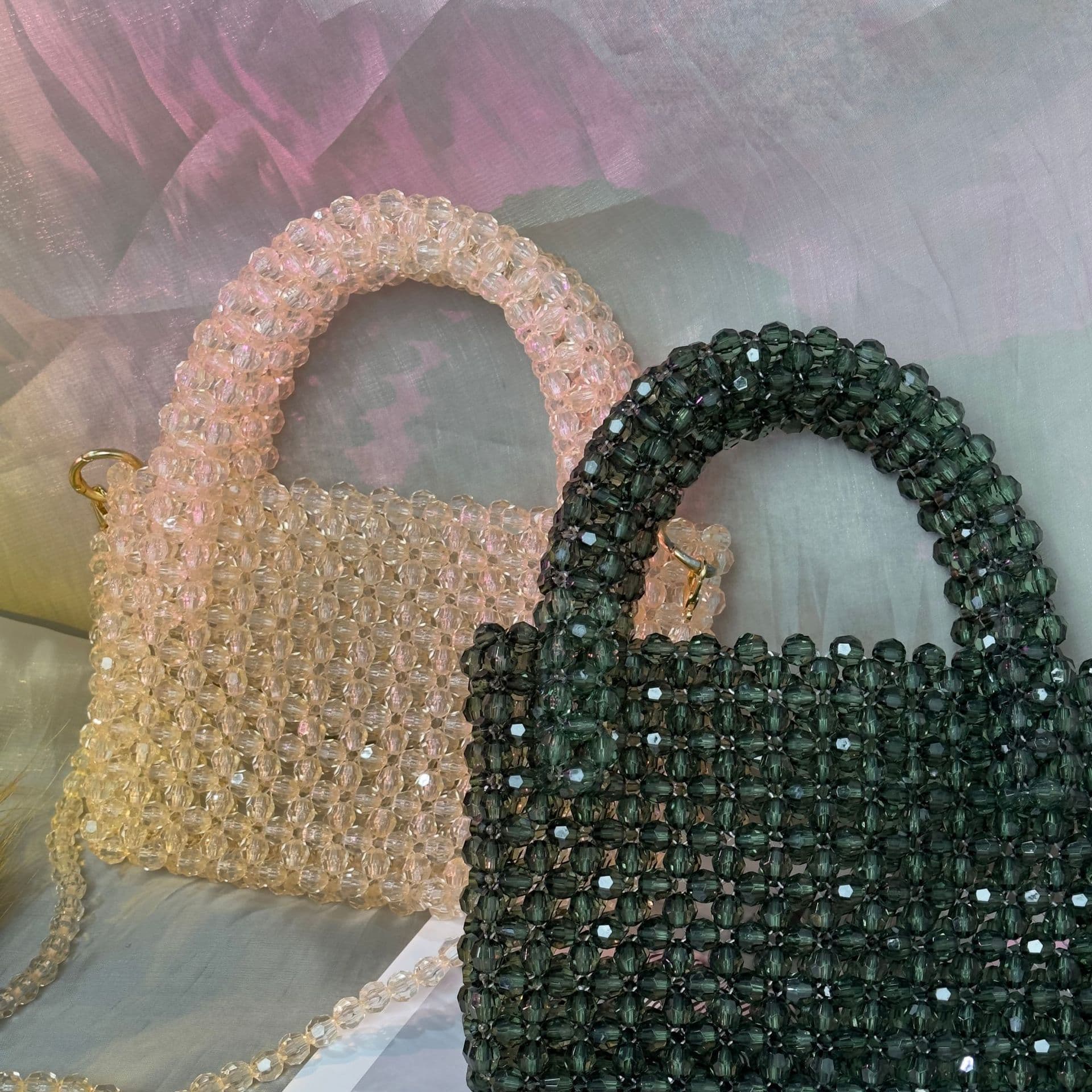 Handmade Beaded Double Handle Transparent Small Square Crossbody Bag from China Mainland Traditional Weaving Style for Versatile