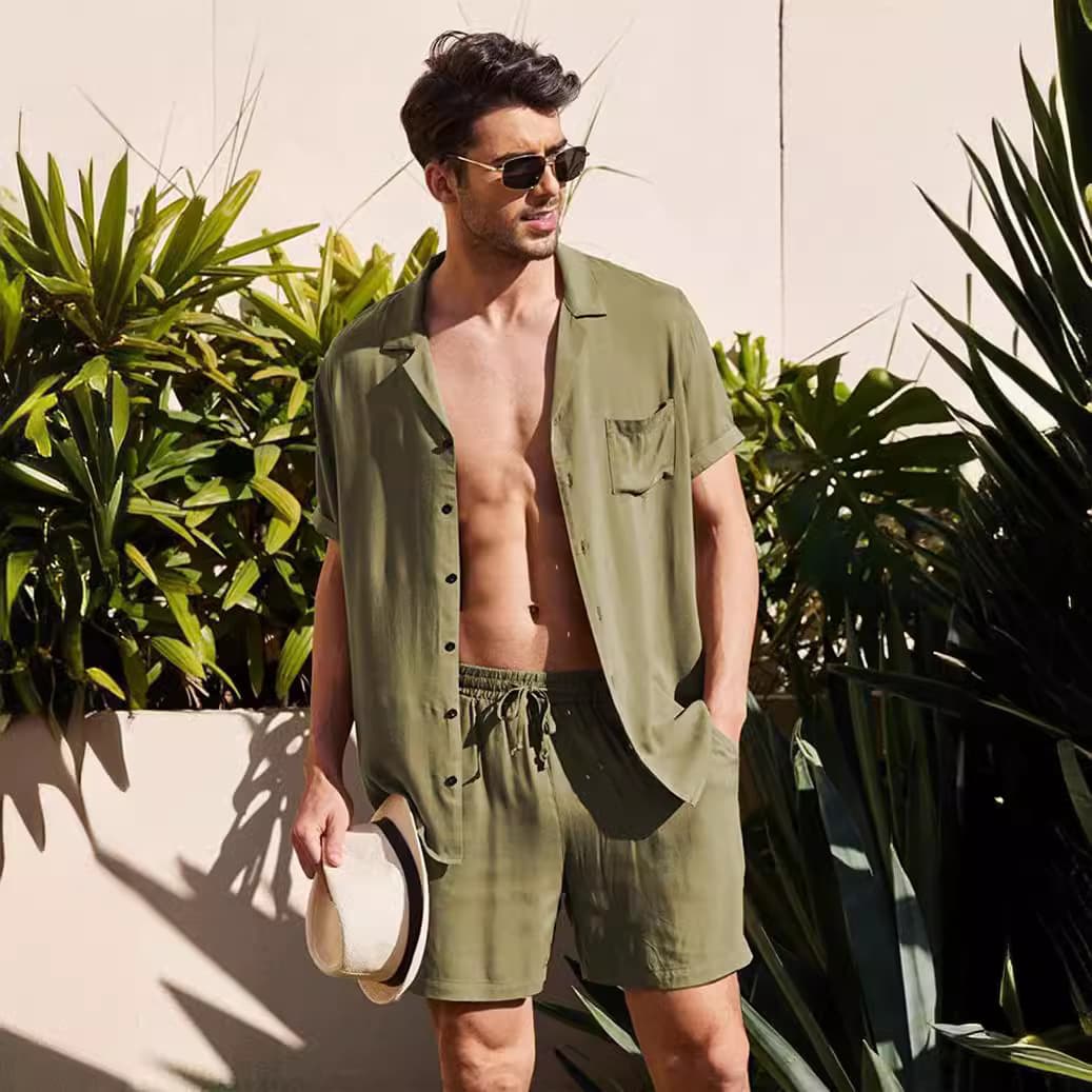 Men's Linen Short Sleeve Shirt Set, Summer Loose Casual Cotton-Linen Cardigan Shirt and Shorts