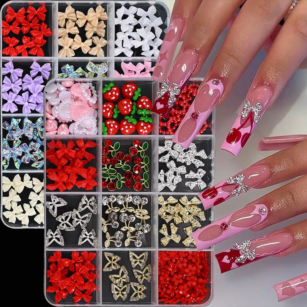12-Grid Cute Resin Hello Kitty Nail Art Decorations Cartoon Cat Head Pearl Bow Strawberry Alloy Hair Clip Embellishments