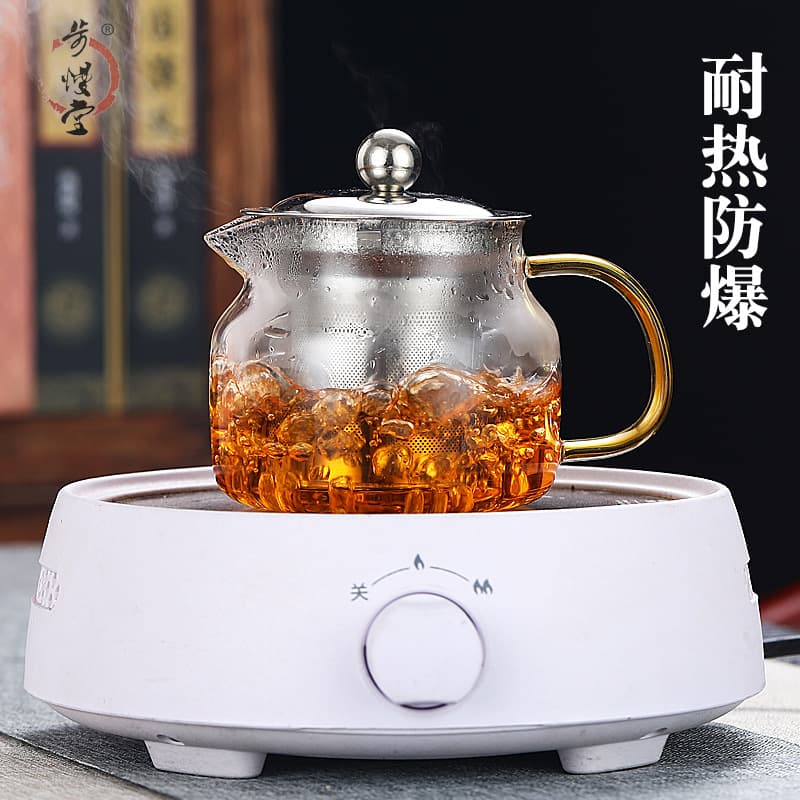 Glass Teapot Wholesale Stainless Steel Strainer Glass Tea Set with Tray and Cups Kung Fu Tea Set Colored Handle Flower Tea Pot