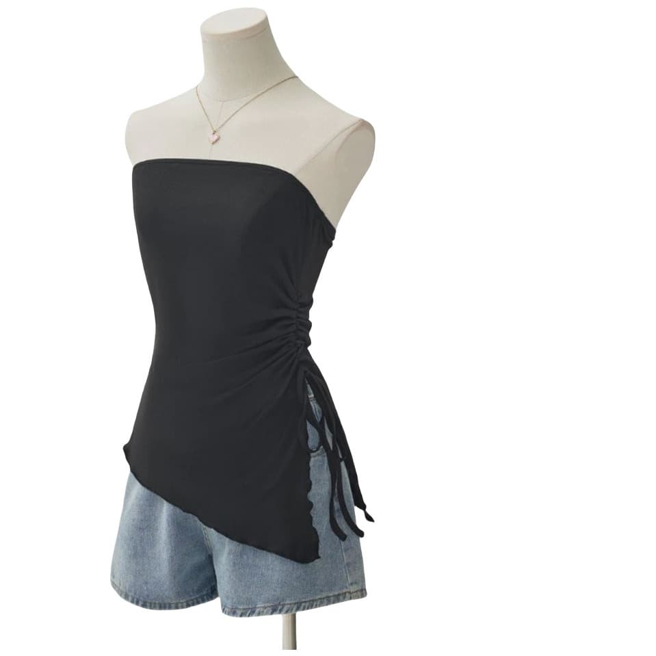 2025 Summer New European and American Cross-Border Women's Sexy Hot Drawstring Pleated Slit Irregular Knit Tube Top