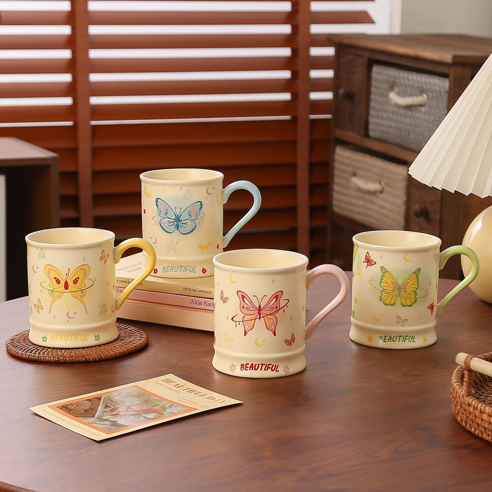 Ins Dopamine Creative Viral Butterfly Print Ceramic Mug High Appearance Couple Office Home Coffee Cup