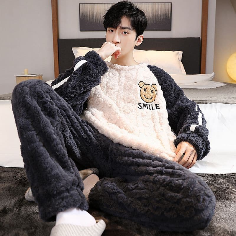 Coral Pajamas Autumn Winter New Thickened Fleece Men's Flannel Home Wear Warm Suit
